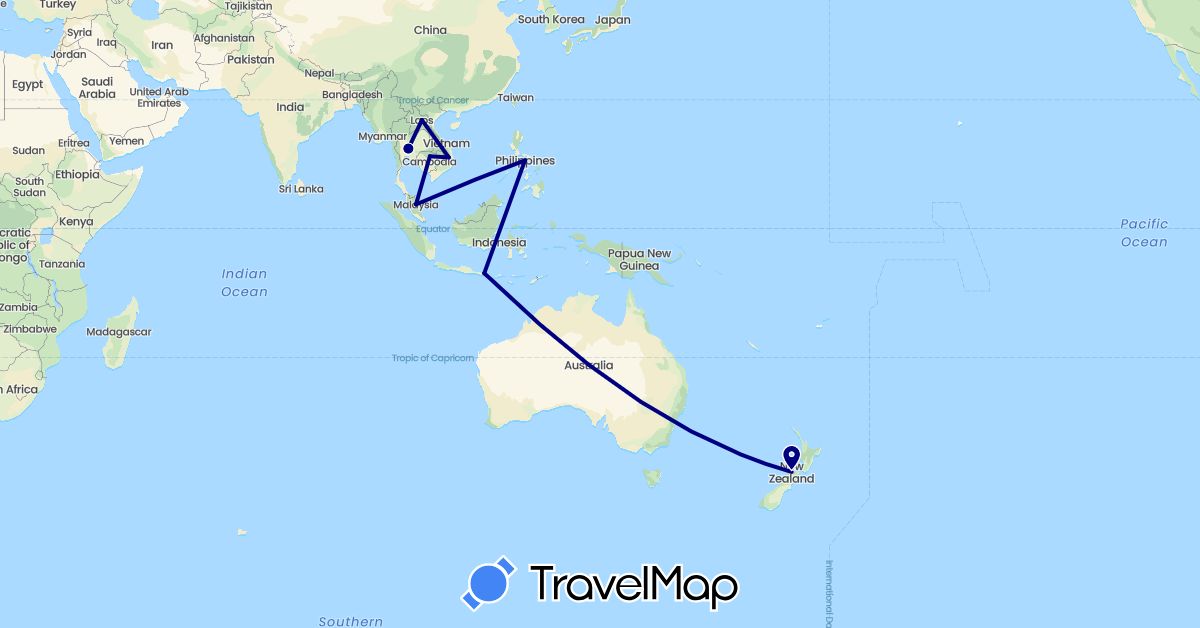 TravelMap itinerary: driving in Australia, Indonesia, Cambodia, Laos, Malaysia, New Zealand, Philippines, Thailand, Vietnam (Asia, Oceania)